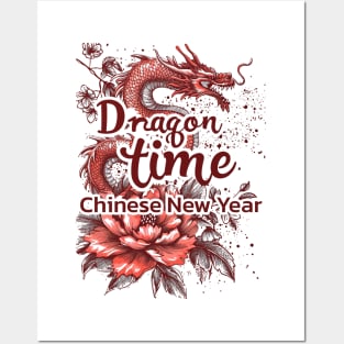 Dragon Time: Red Dragon Doodle with Floral Flourish Posters and Art